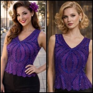 Vintage Vinis Beaded Sequin Art Deco Purple Blue Sleeveless Party Retro Top S